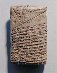 Tafel mit vierzehn Zeilen eines mathematischen Textes in Keilschrift und einem geometrischen Design